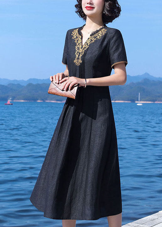 Fine Black V-neck Wrinkled Patchwork Embroideried Silk Dress Summer