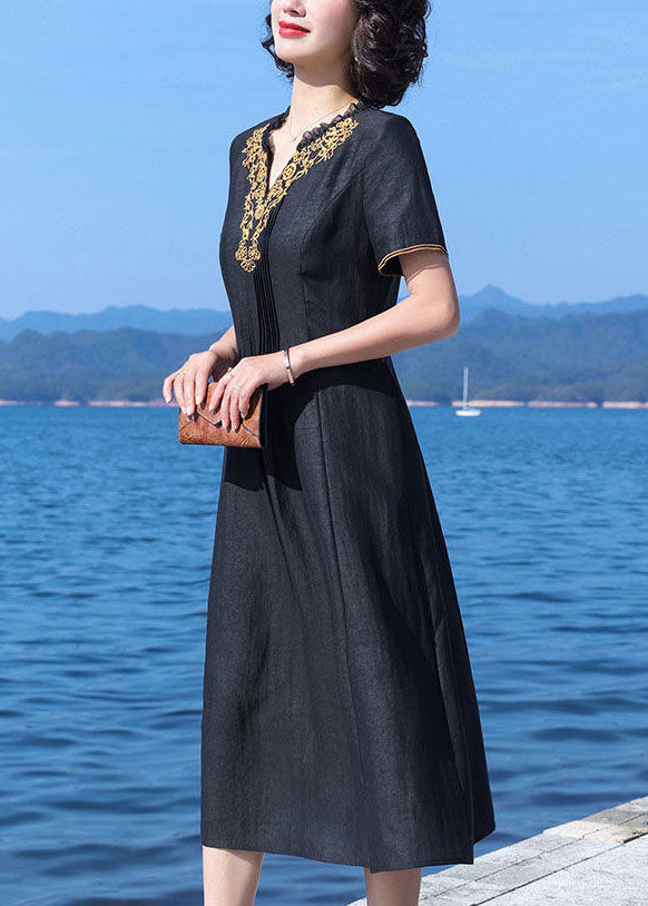 Fine Black V-neck Wrinkled Patchwork Embroideried Silk Dress Summer