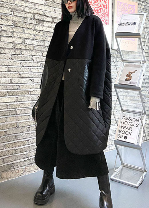 Fine Black Woolen Patchwork Pu Pockets Winter Cotton Parka Coat