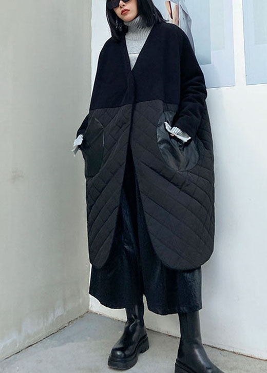 Fine Black Woolen Patchwork Pu Pockets Winter Cotton Parka Coat