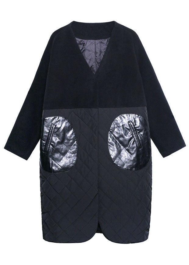 Fine Black Woolen Patchwork Pu Pockets Winter Cotton Parka Coat