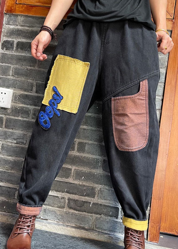 Fine Black Patch Applique Denim Pants Winter