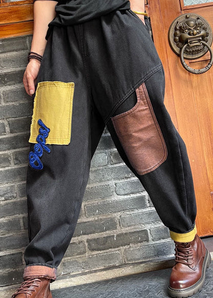 Fine Black Patch Applique Denim Pants Winter