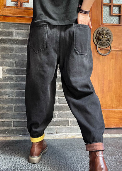 Fine Black Patch Applique Denim Pants Winter
