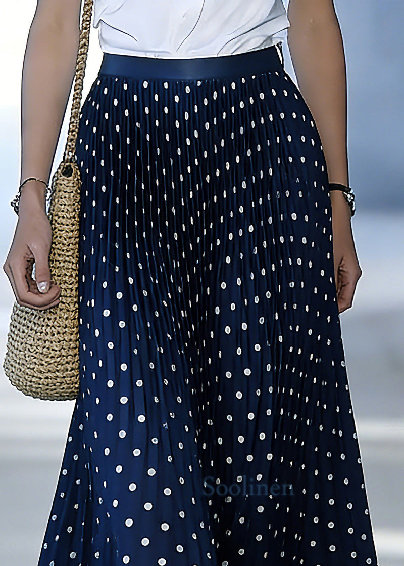 Fine Blue Elastic Waist Dot Print a Line Skirt