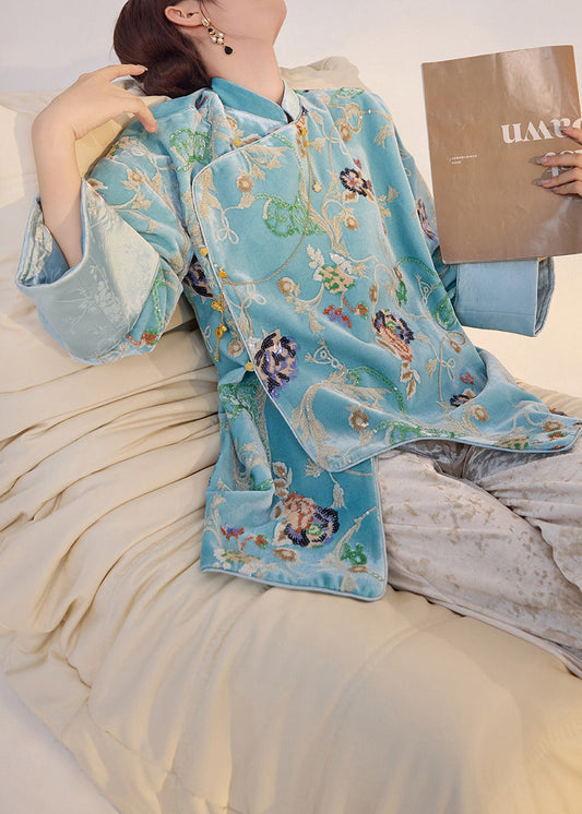 Fine Blue Embroidered Sequins Silk Velour Oriental Coat Spring