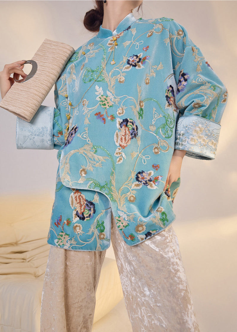 Fine Blue Embroidered Sequins Silk Velour Oriental Coat Spring