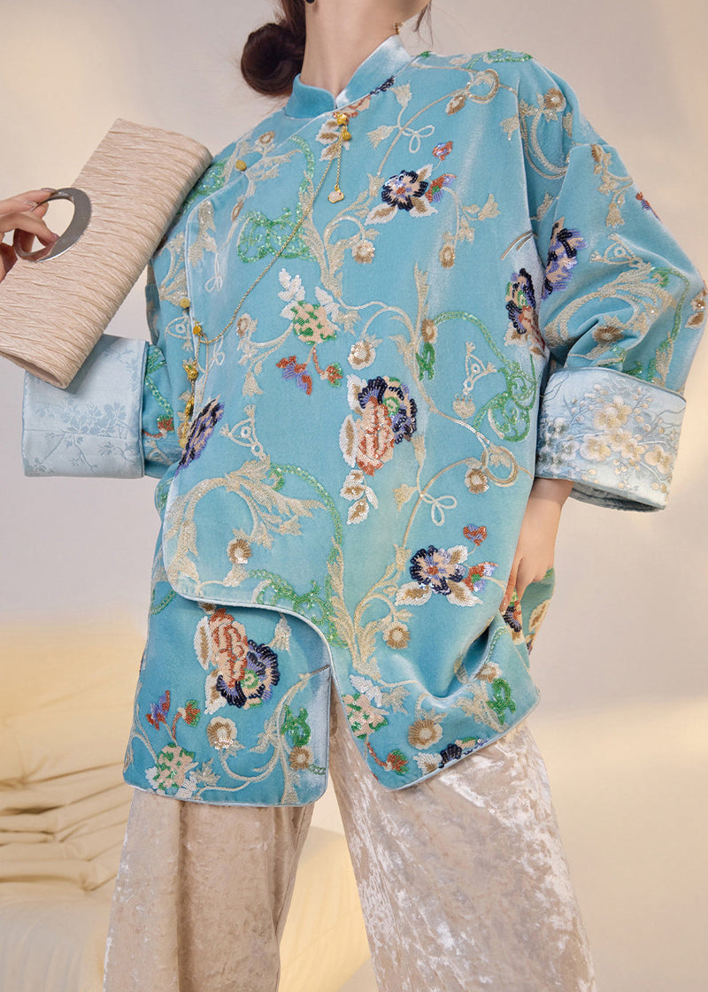 Fine Blue Embroidered Sequins Silk Velour Oriental Coat Spring