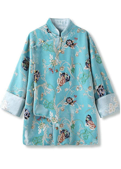 Fine Blue Embroidered Sequins Silk Velour Oriental Coat Spring