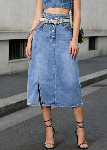 Fine Blue High Waist Side Open Denim Skirt Summer