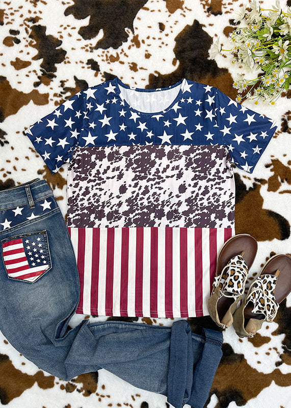Fine Blue O-neck Patchwork Independence Day Theme Print Tanks Short Sleeve