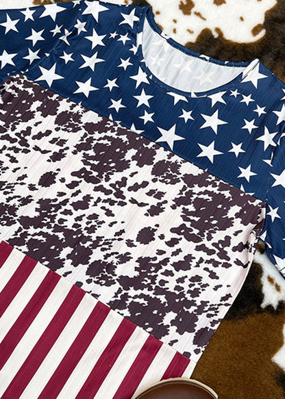 Fine Blue O-neck Patchwork Independence Day Theme Print Tanks Short Sleeve