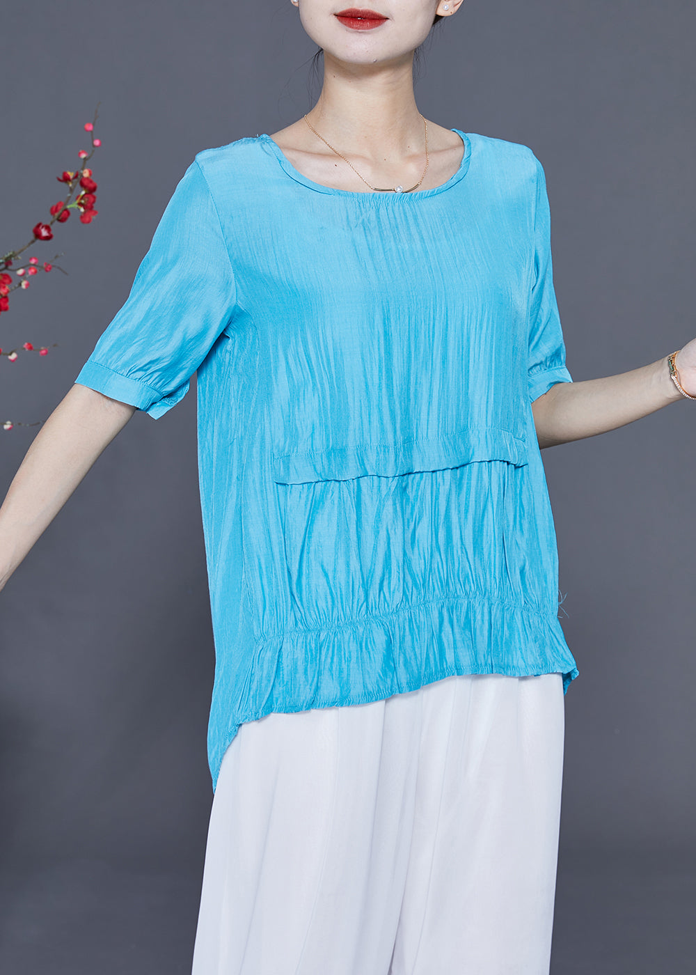 Fine Blue O-neck Patchwork Silk Shirt Tops Summer