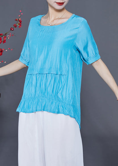 Fine Blue O-neck Patchwork Silk Shirt Tops Summer