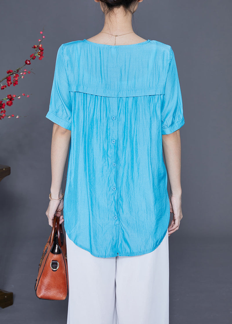 Fine Blue O-neck Patchwork Silk Shirt Tops Summer