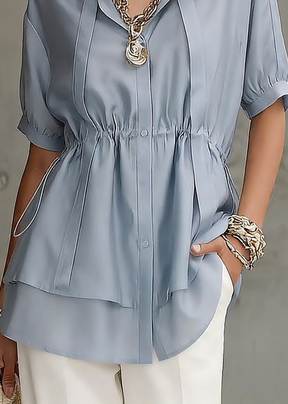 Fine Blue Peter Pan Collar Drawstring Silk Cotton Shirts Short Sleeve