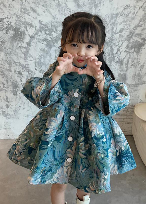 Fine Blue Peter Pan Collar Wrinkled Patchwork Cotton Kids Trench Fall