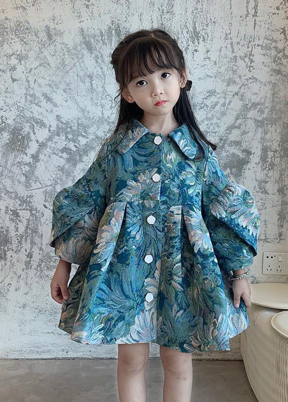 Fine Blue Peter Pan Collar Wrinkled Patchwork Cotton Kids Trench Fall