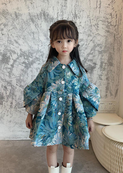 Fine Blue Peter Pan Collar Wrinkled Patchwork Cotton Kids Trench Fall
