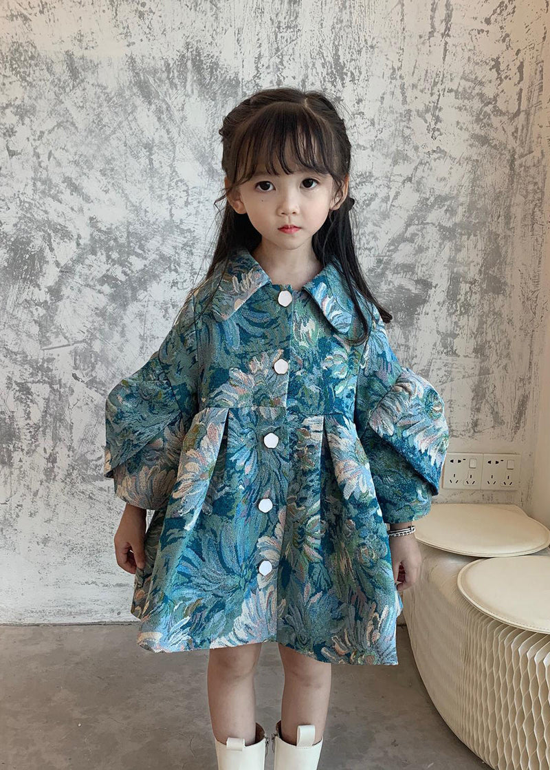 Fine Blue Peter Pan Collar Wrinkled Patchwork Cotton Kids Trench Fall