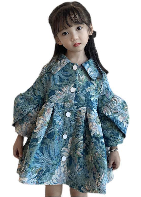 Fine Blue Peter Pan Collar Wrinkled Patchwork Cotton Kids Trench Fall