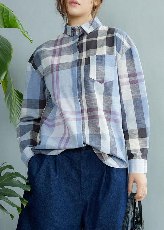 Fine Blue Plaid Print Pockets Button Fall Shirt Long Sleeve