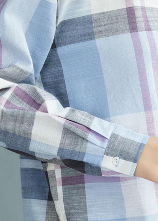 Fine Blue Plaid Print Pockets Button Fall Shirt Long Sleeve