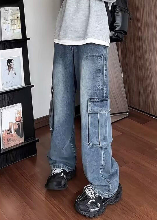 Fine Blue Pockets High Waist Denim Straight Pants Spring
