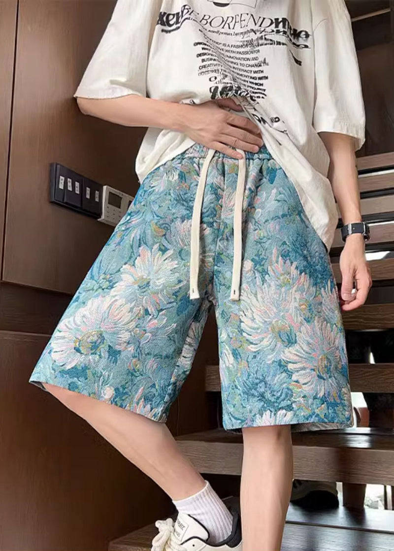 Fine Blue Pockets Print Elastic Waist Cotton Beach Shorts Summer
