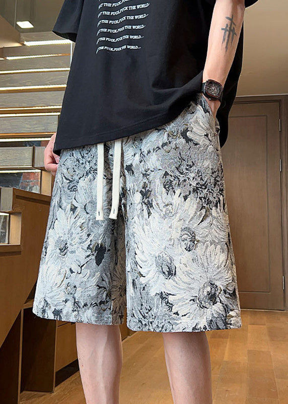 Fine Blue Pockets Print Elastic Waist Cotton Beach Shorts Summer