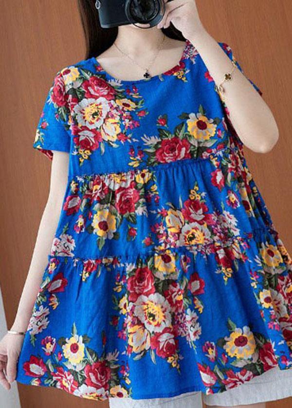 Fine Blue Print O-neck Short Sleeve Cotton Linen Top Summer