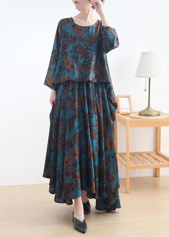 Fine Blue Print Silk Asymmetrical Design Summer Vacation Dresses