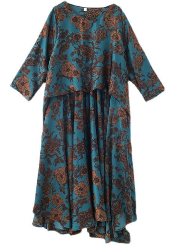 Fine Blue Print Silk Asymmetrical Design Summer Vacation Dresses