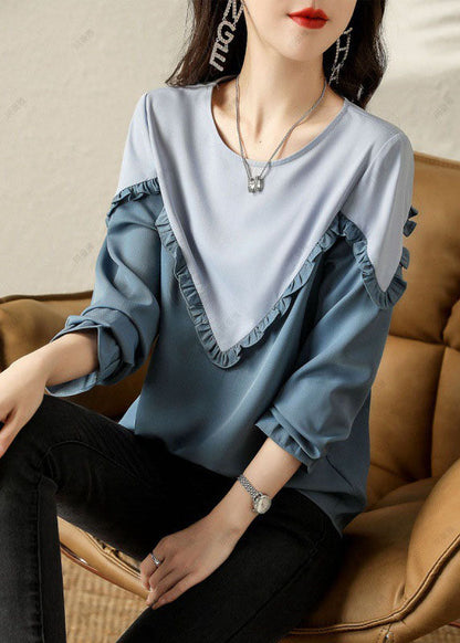 Fine Blue Ruffled Patchwork Cotton Shirts Spring