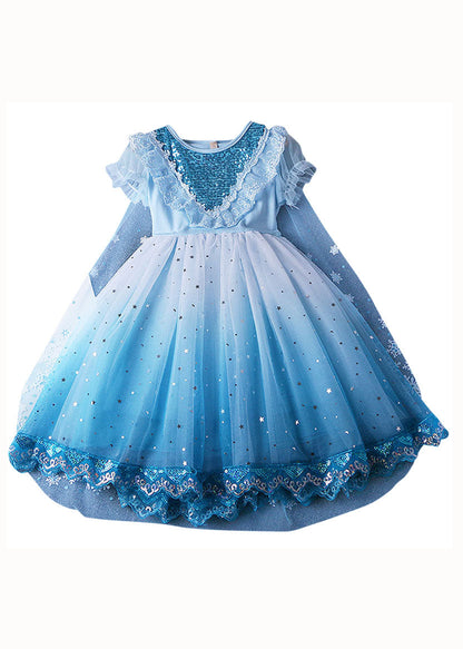 Fine Blue Ruffled Sequins Lace Patchwork Tulle Baby Princess Dress Summer