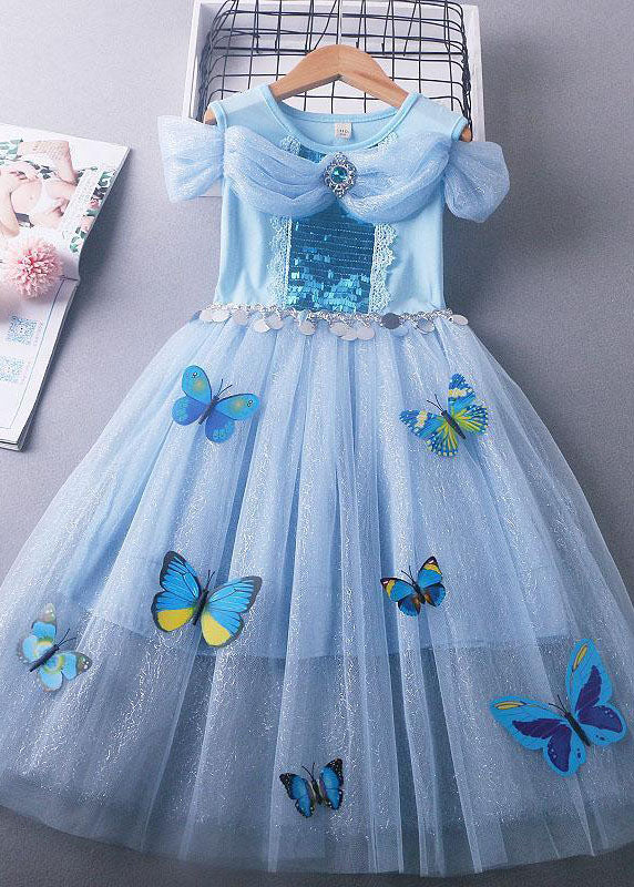 Fine Blue Sequins Wrinkled Patchwork Tulle Kids Princess Dress Summer