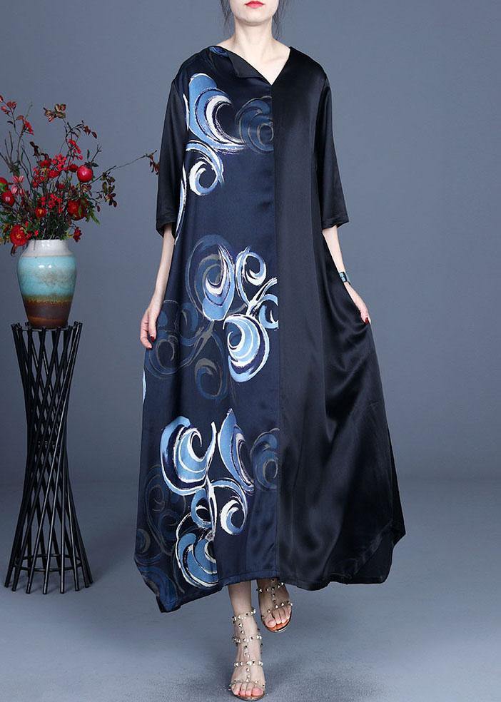Fine Blue V Neck Asymmetrical Design Summer Silk Ankle Dress