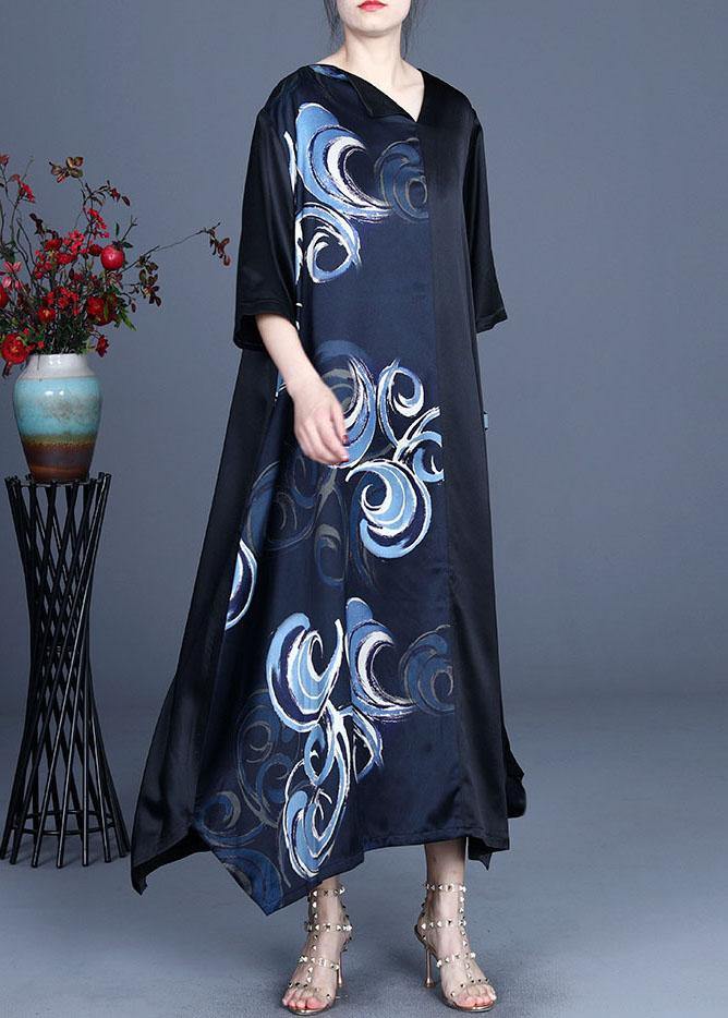 Fine Blue V Neck Asymmetrical Design Summer Silk Ankle Dress