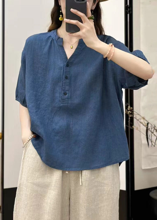 Fine Blue V Neck Button Linen Top Summer