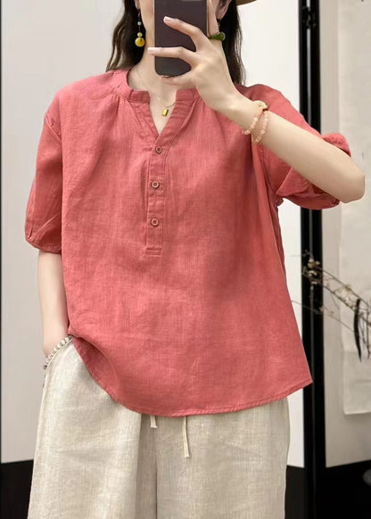 Fine Blue V Neck Button Linen Top Summer
