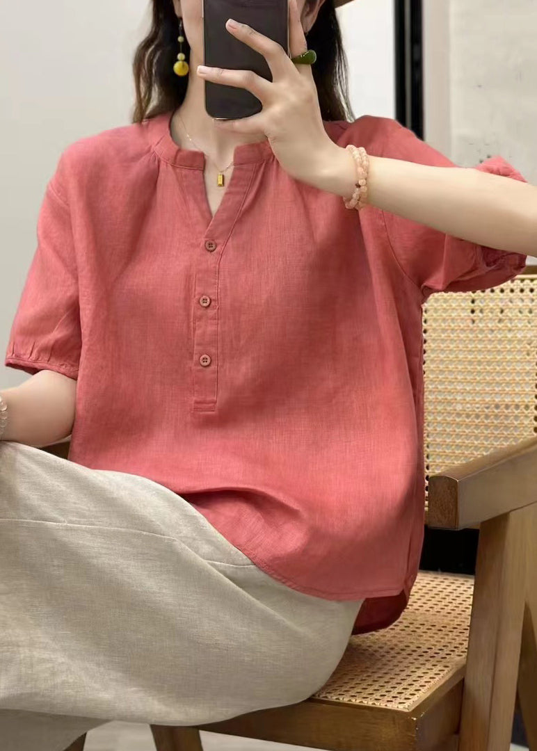 Fine Blue V Neck Button Linen Top Summer