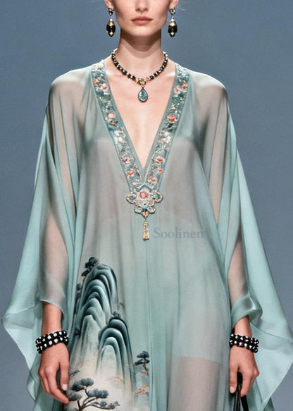 Fine Blue V Neck Print Chiffon Long Dresses Summer