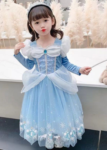 Fine Blue Wrinkled Cartoon Patchwork Tulle Kids Princess Dress Fall
