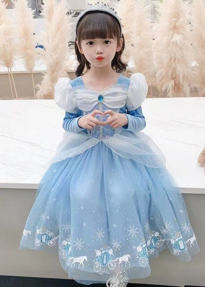 Fine Blue Wrinkled Cartoon Patchwork Tulle Kids Princess Dress Fall