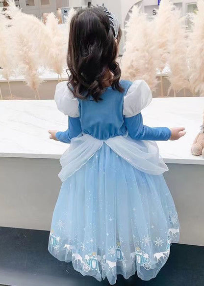Fine Blue Wrinkled Cartoon Patchwork Tulle Kids Princess Dress Fall