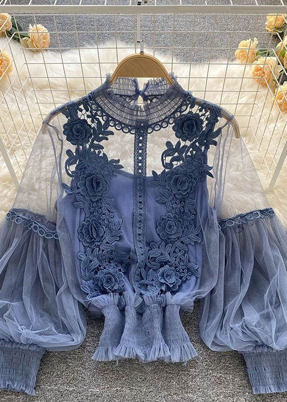 Fine Blue Wrinkled Patchwork Tulle Top Spring
