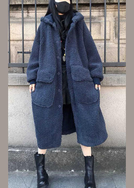 Fine Blue Hooded Loose Winter Long Sleeve Trench Coats