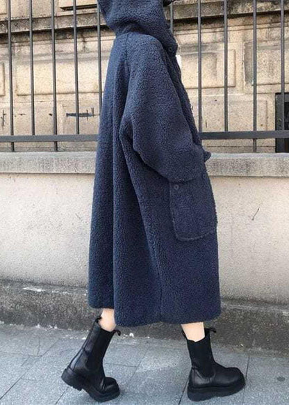Fine Blue Hooded Loose Winter Long Sleeve Trench Coats