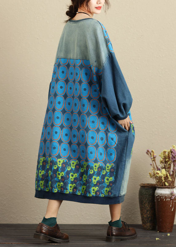 Fine Blue Pockets Print Patchwork Loose Jumpsuit Spring
