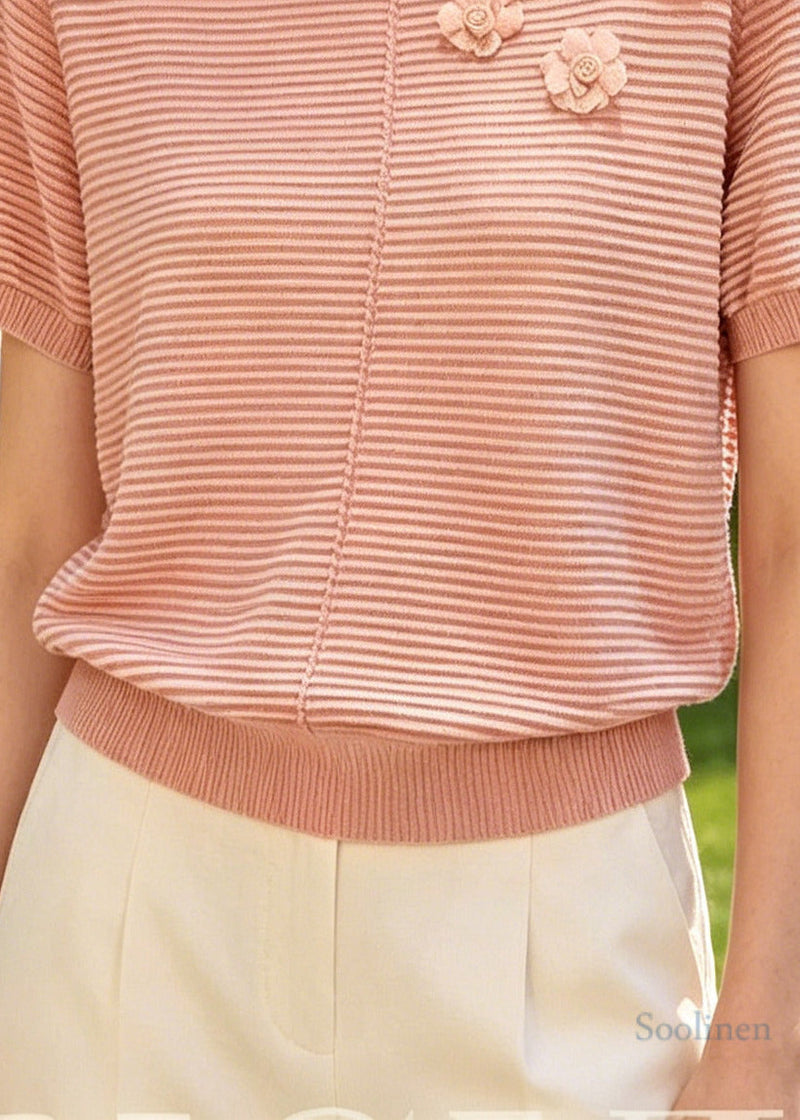 Fine Brick Red Striped Flower Knit Shirts Summer